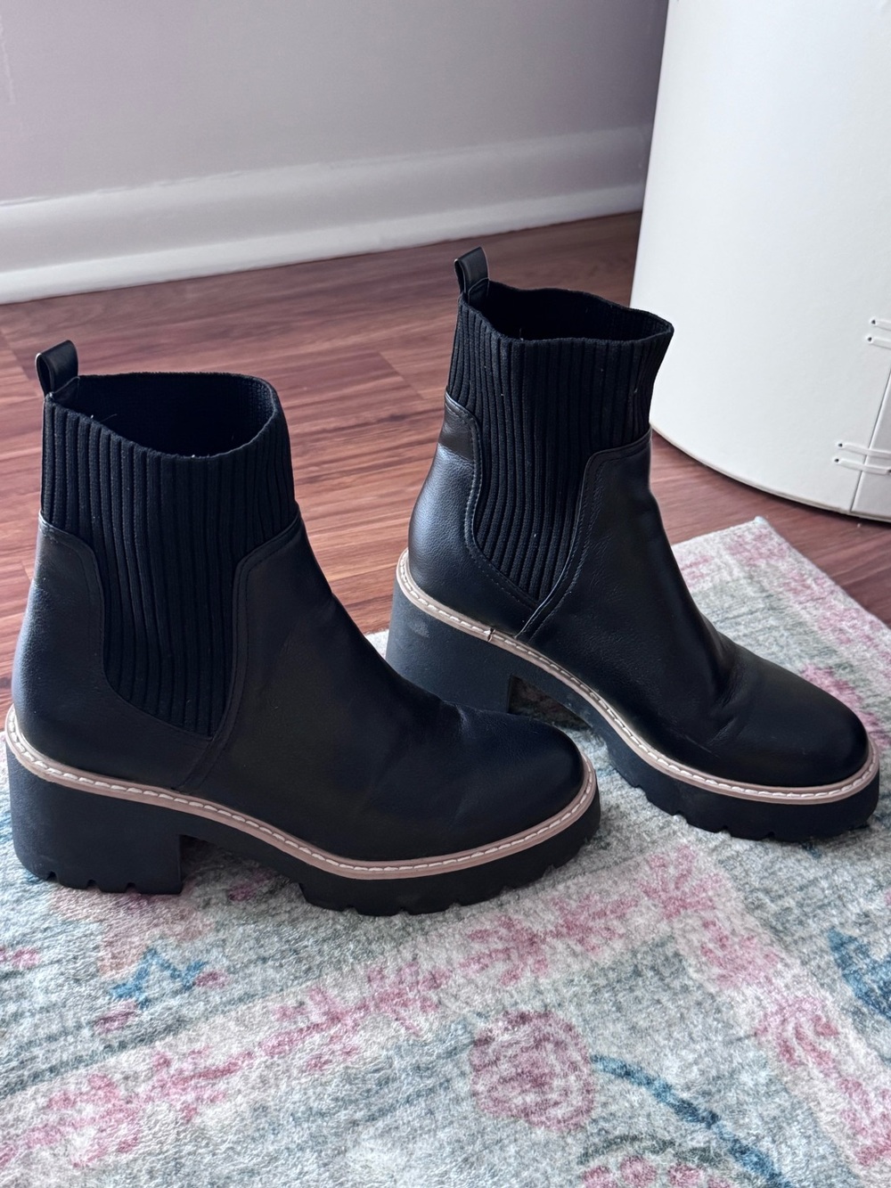 Dolce Vita Black Ribbed Chelsea Lug Ankle Boots